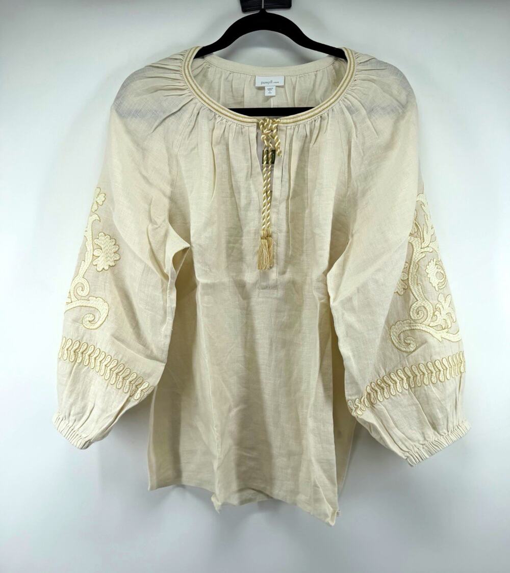J. Jill PureJill Linen Floral Embroidered Tassel Tie Blouse 3/4 L Tall